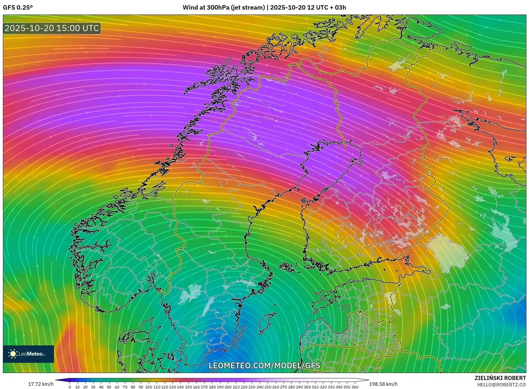 GFS model - Scandinavia, Wind at 300hPa (jet stream) GFS model - Scandinavia, Wind at 300hPa (jet stream)
