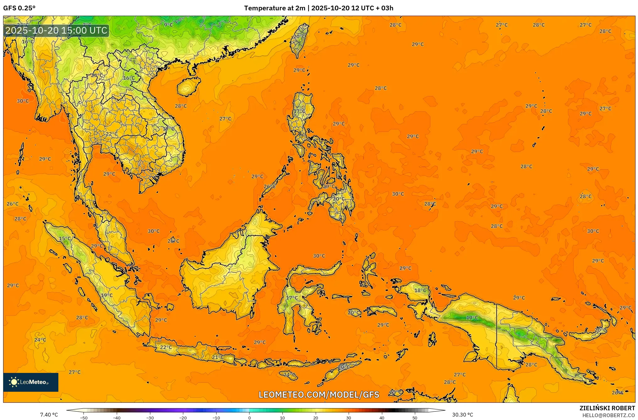GFS model - South East Asia, Temperature at 2m GFS model - South East Asia, Temperature at 2m