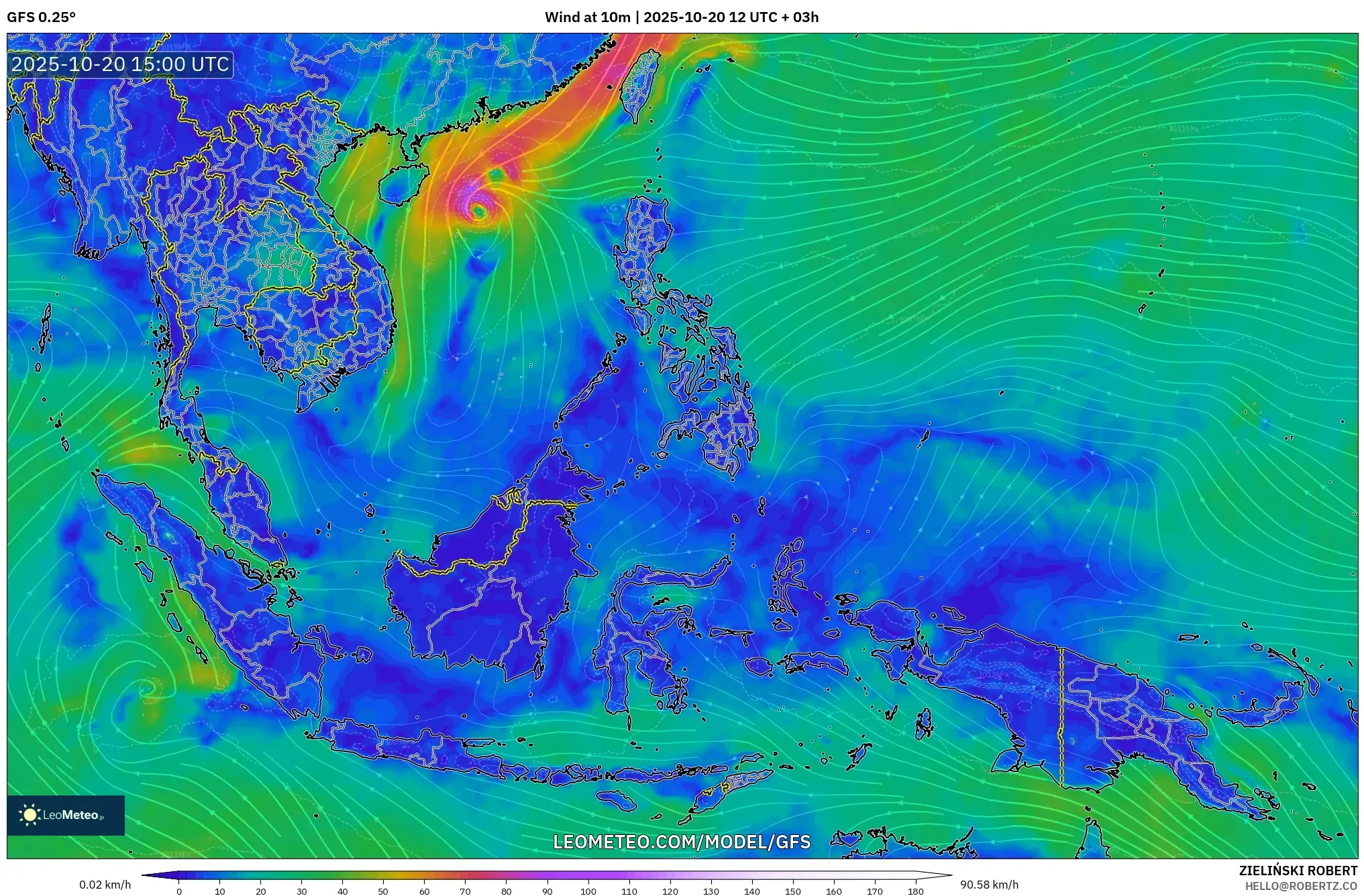 GFS model - South East Asia, Wind at 10m