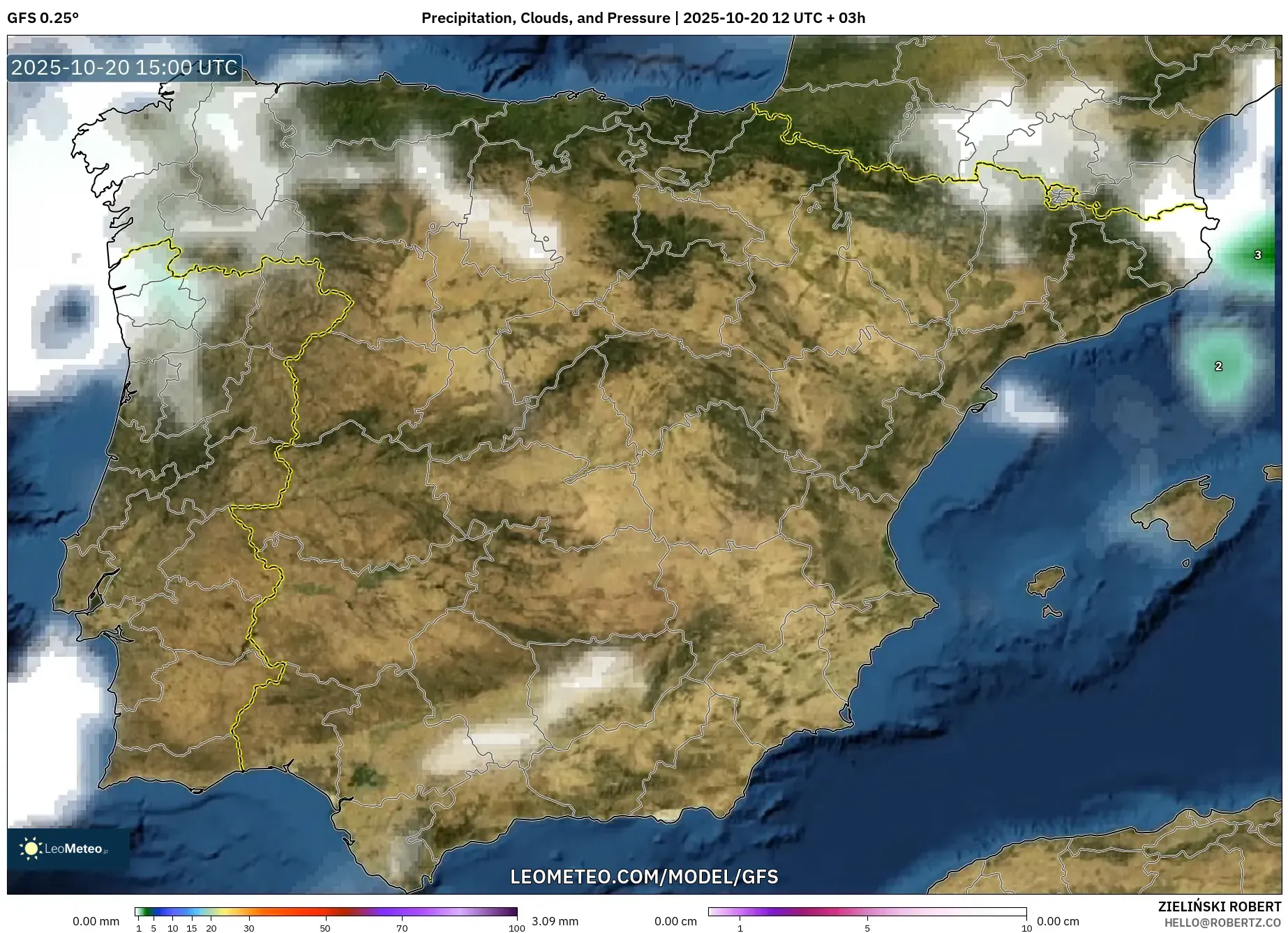 GFS model - Spain, Precipitation, Clouds, and Pressure GFS model - Spain, Precipitation, Clouds, and Pressure
