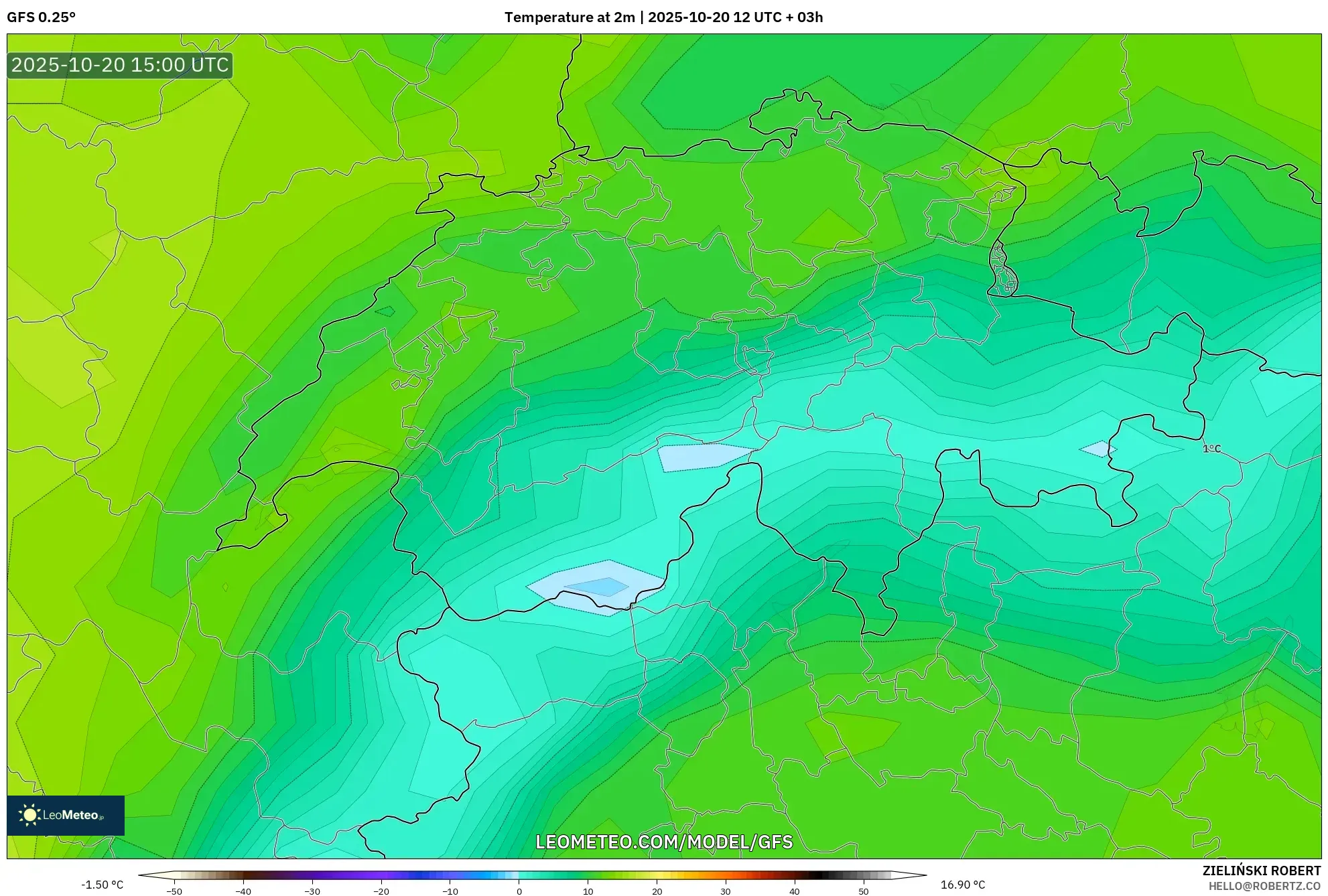 GFS model - Switzerland, Temperature at 2m GFS model - Switzerland, Temperature at 2m