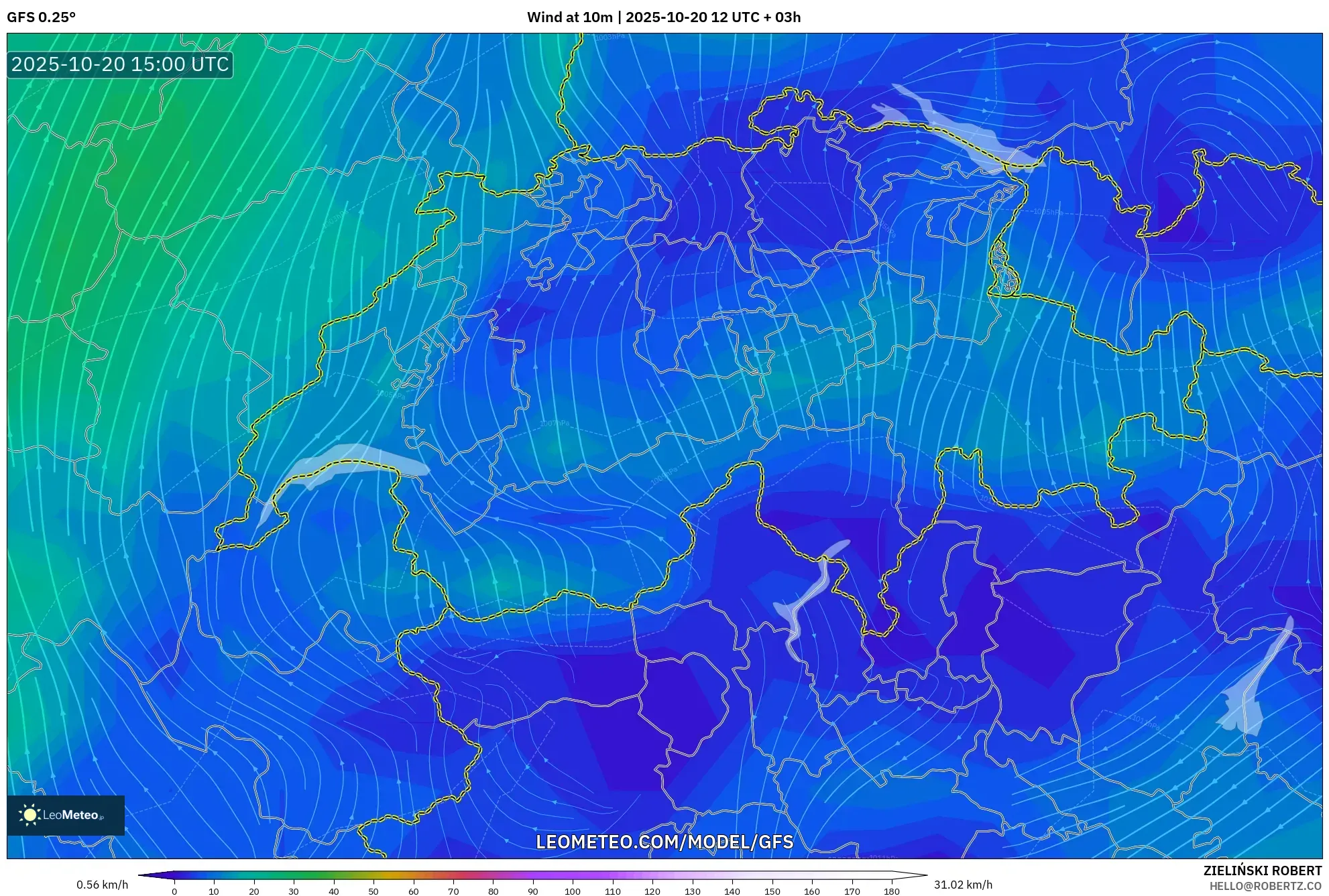 GFS model - Switzerland, Wind at 10m