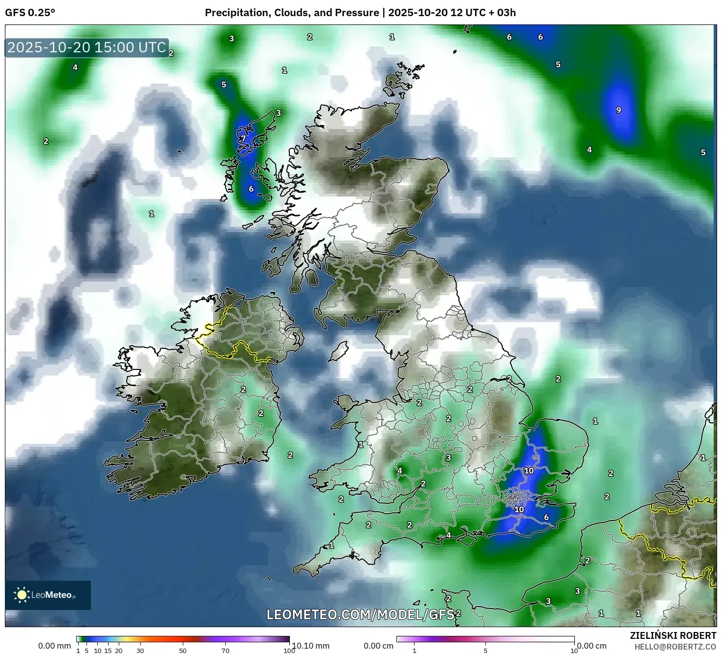 GFS model - United Kingdom, Precipitation, Clouds, and Pressure GFS model - United Kingdom, Precipitation, Clouds, and Pressure