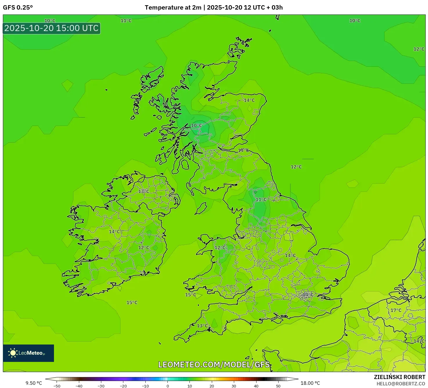 GFS model - United Kingdom, Temperature at 2m GFS model - United Kingdom, Temperature at 2m