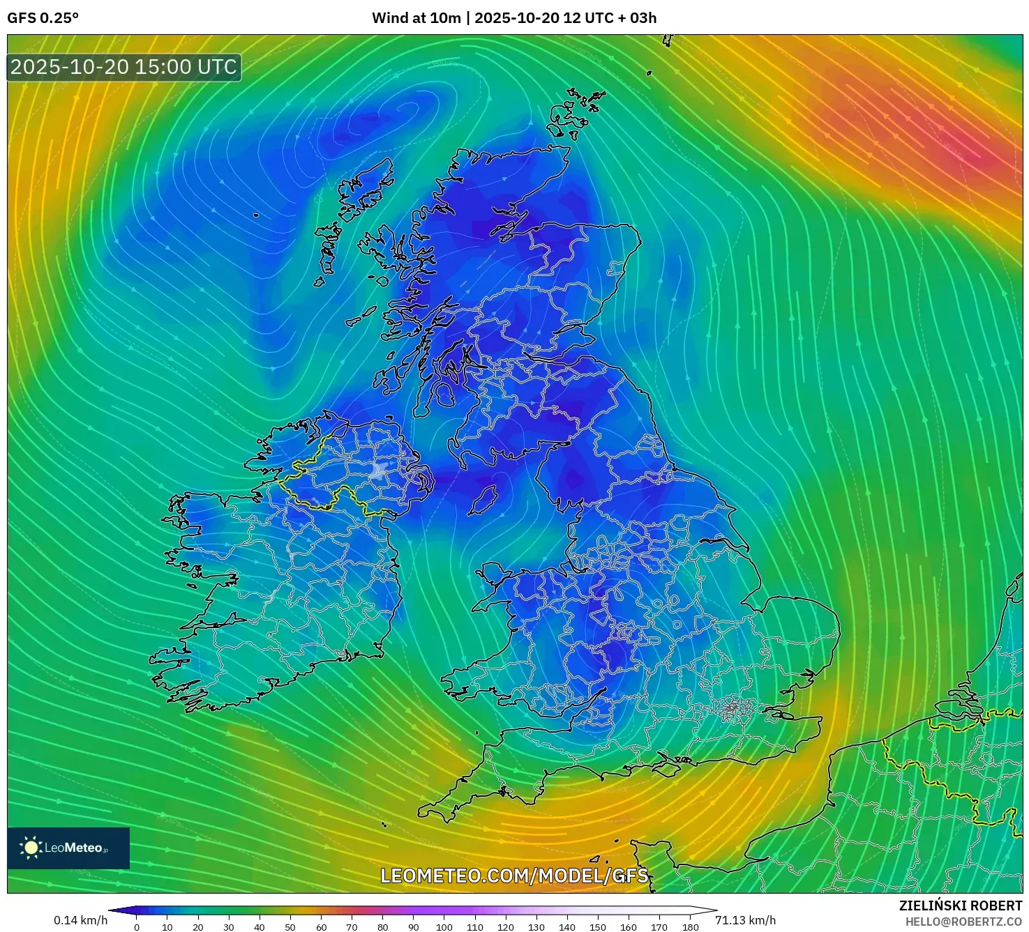 GFS model - United Kingdom, Wind at 10m GFS model - United Kingdom, Wind at 10m