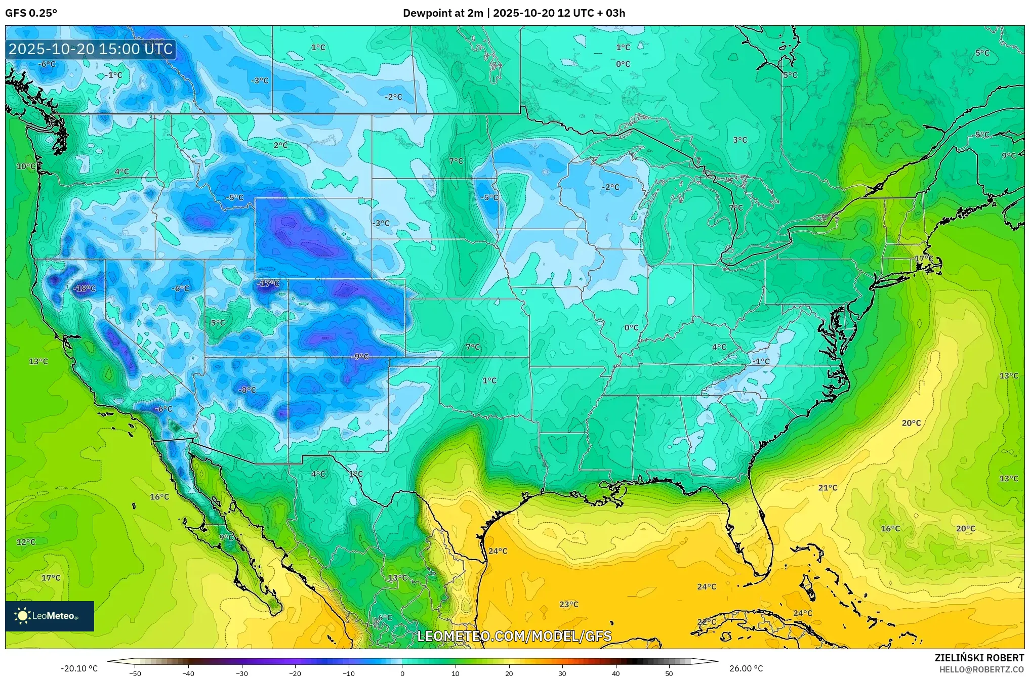GFS model - United States, Dewpoint at 2m GFS model - United States, Dewpoint at 2m