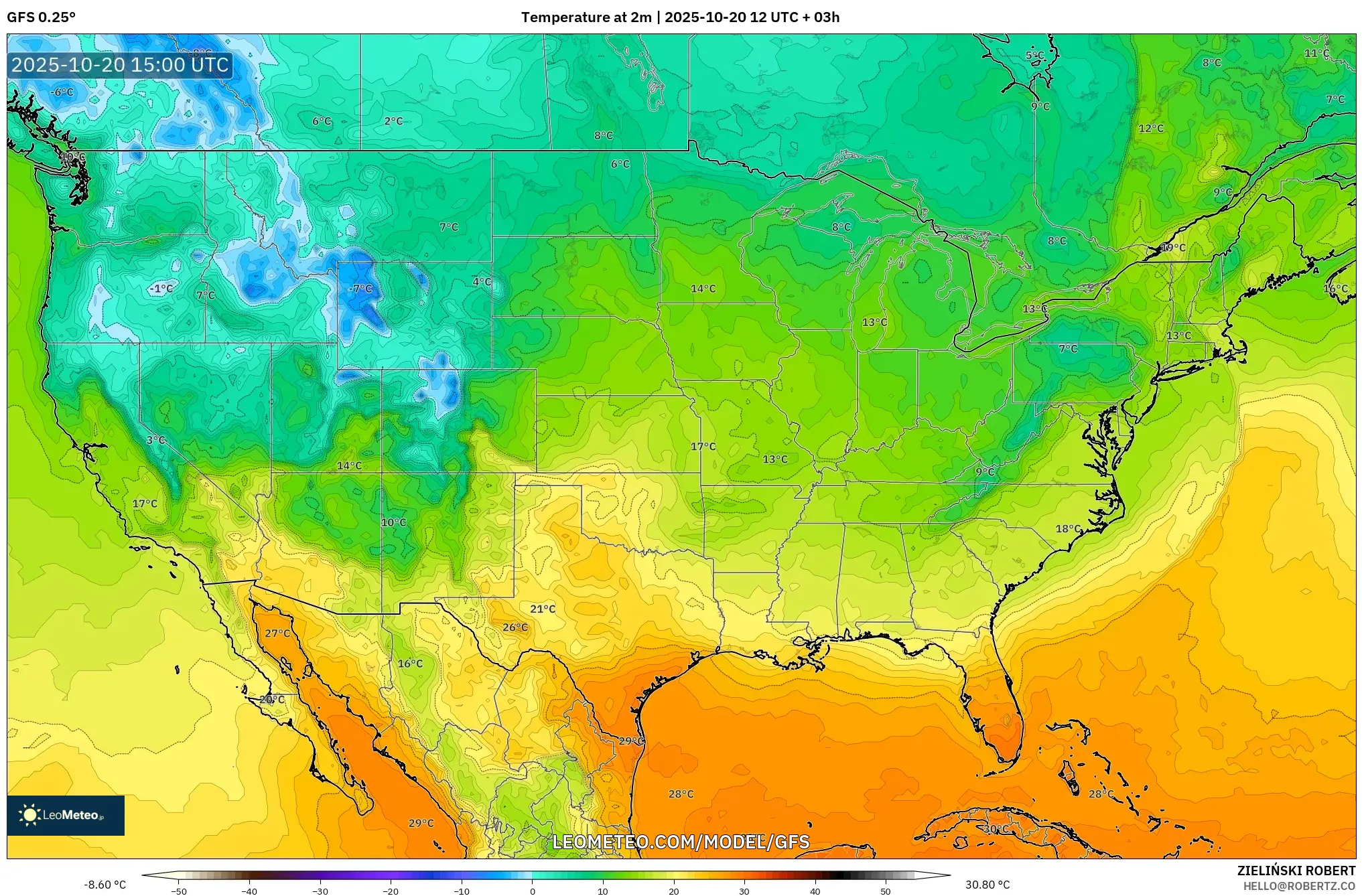 GFS model - United States, Temperature at 2m GFS model - United States, Temperature at 2m
