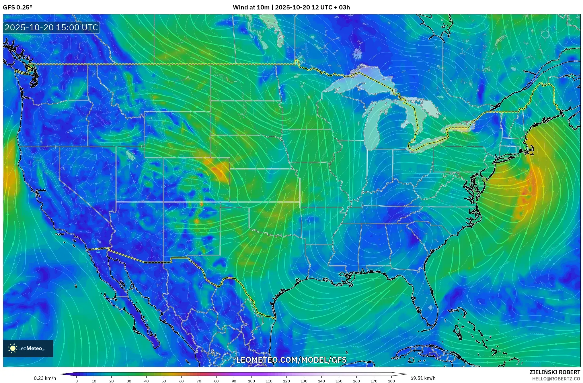 GFS model - United States, Wind at 10m GFS model - United States, Wind at 10m