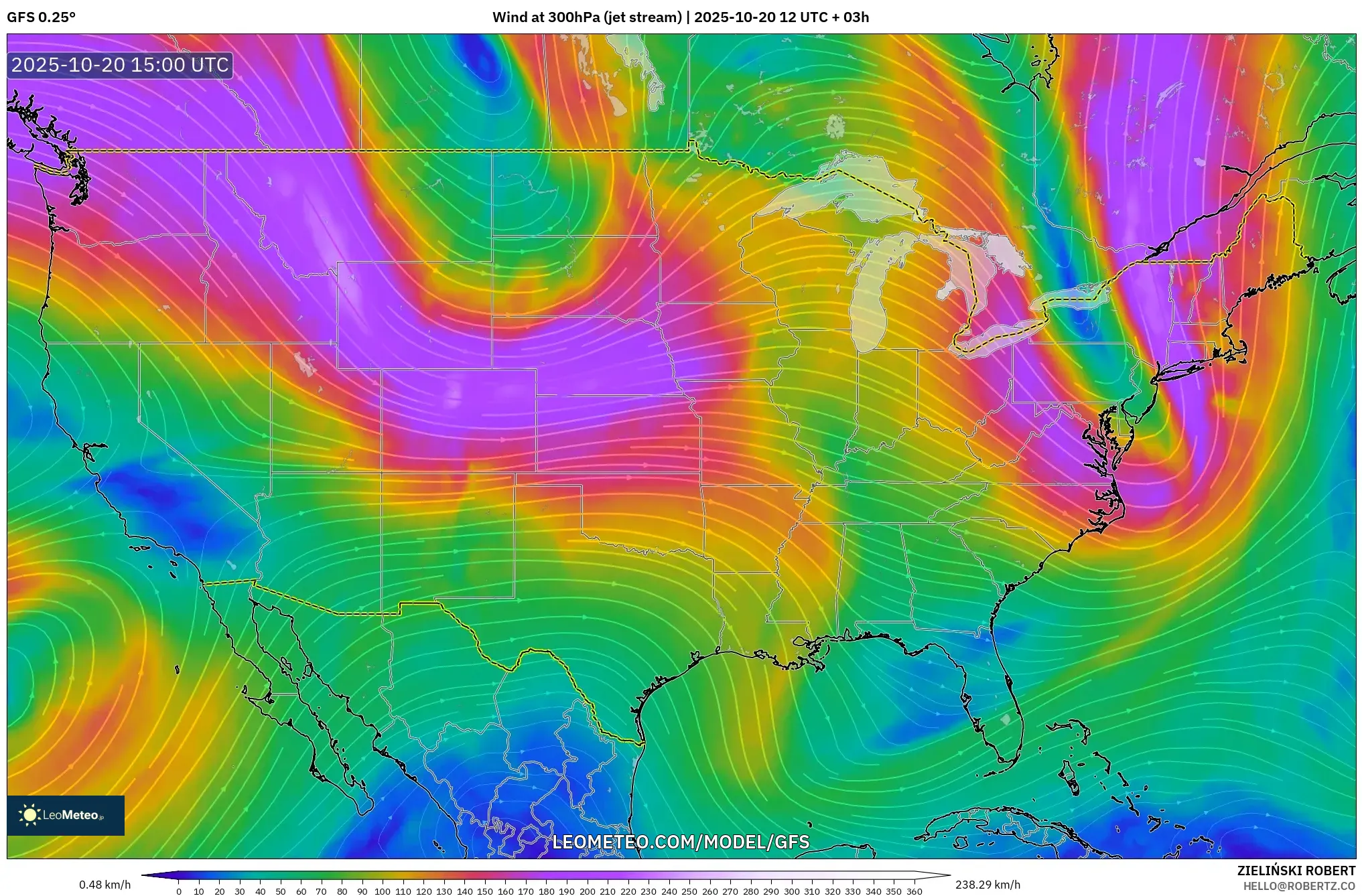 GFS model - United States, Wind at 300hPa (jet stream)