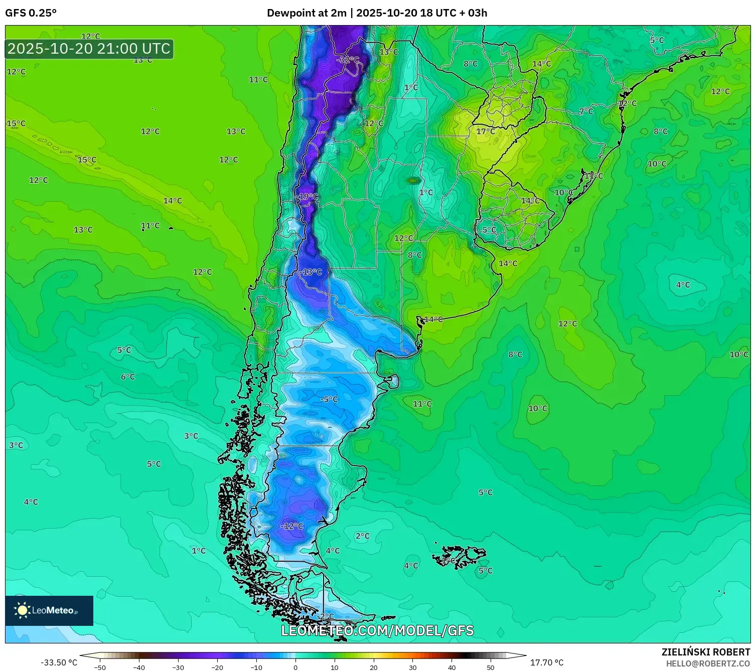 GFS model - Argentina, Dewpoint at 2m
