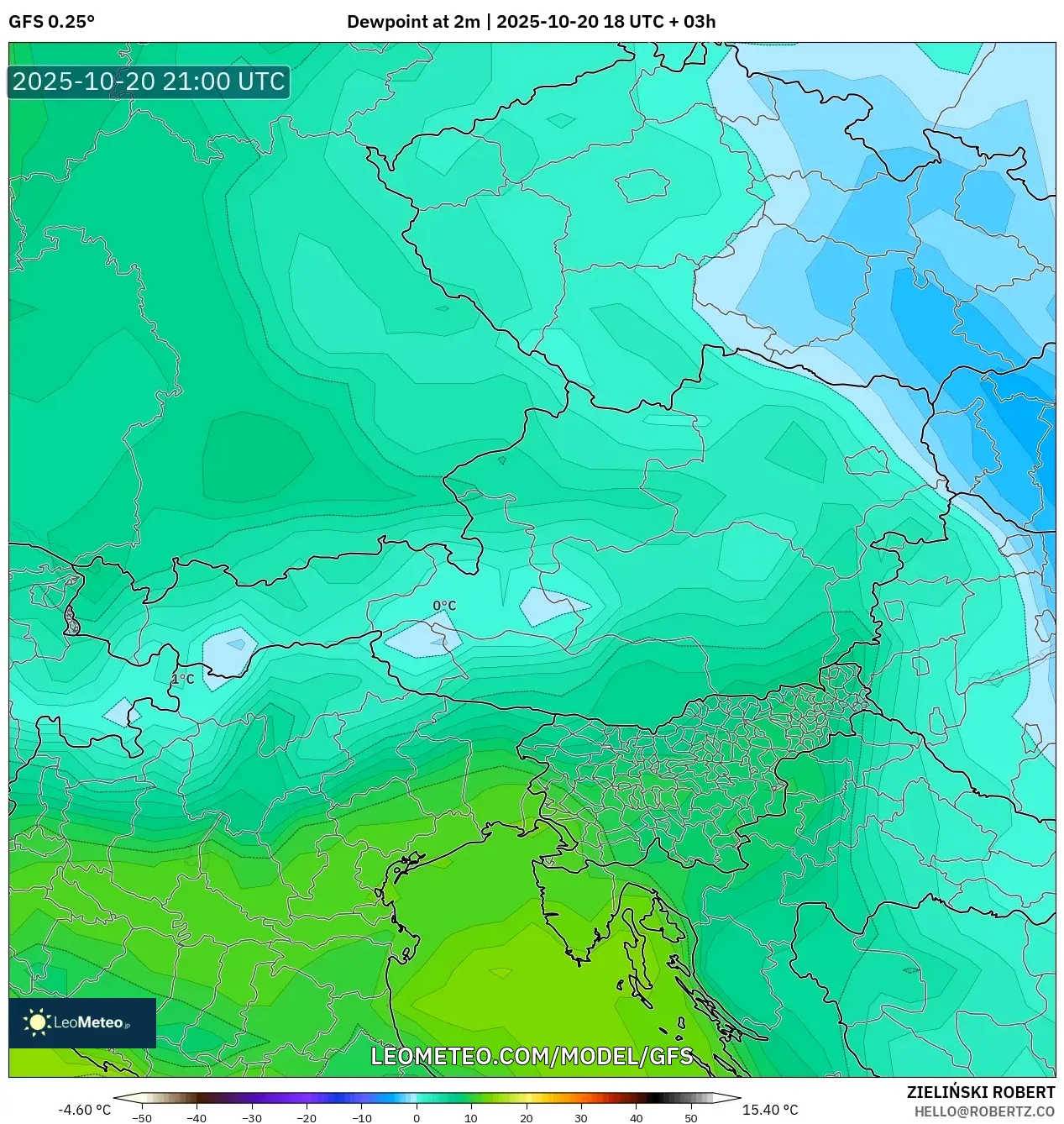 GFS model - Austria, Dewpoint at 2m GFS model - Austria, Dewpoint at 2m