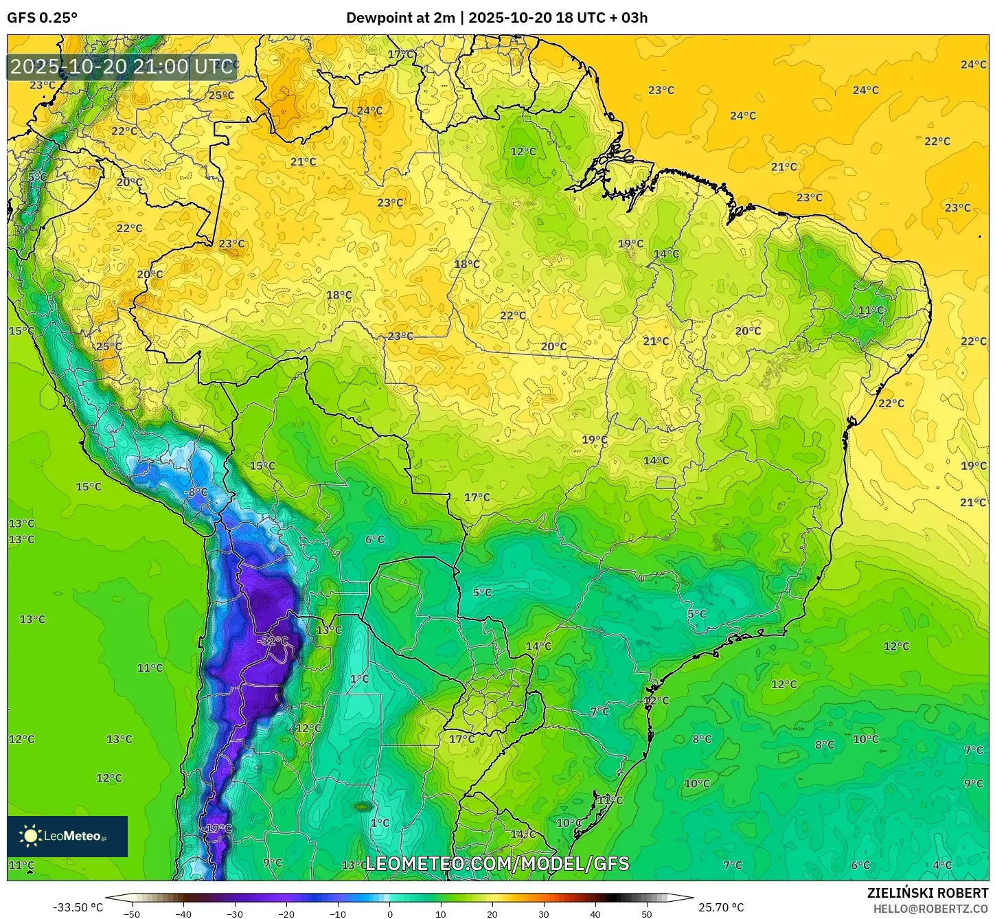 GFS model - Brazil, Dewpoint at 2m GFS model - Brazil, Dewpoint at 2m