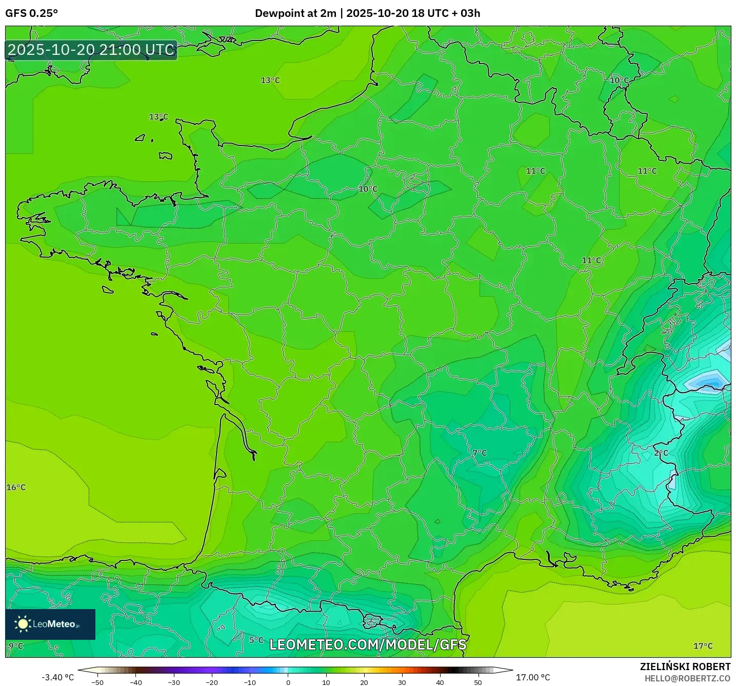 GFS model - France, Dewpoint at 2m GFS model - France, Dewpoint at 2m