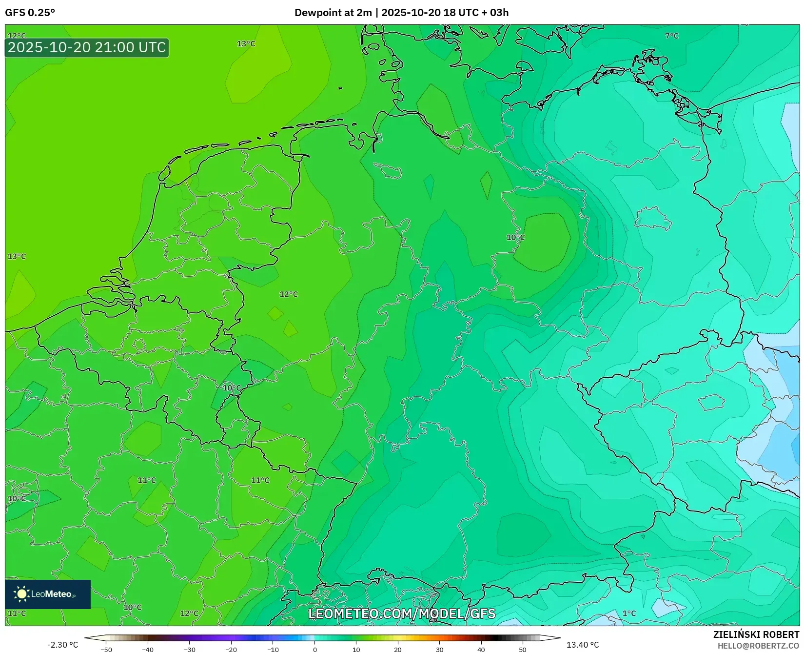 GFS model - Germany, Dewpoint at 2m