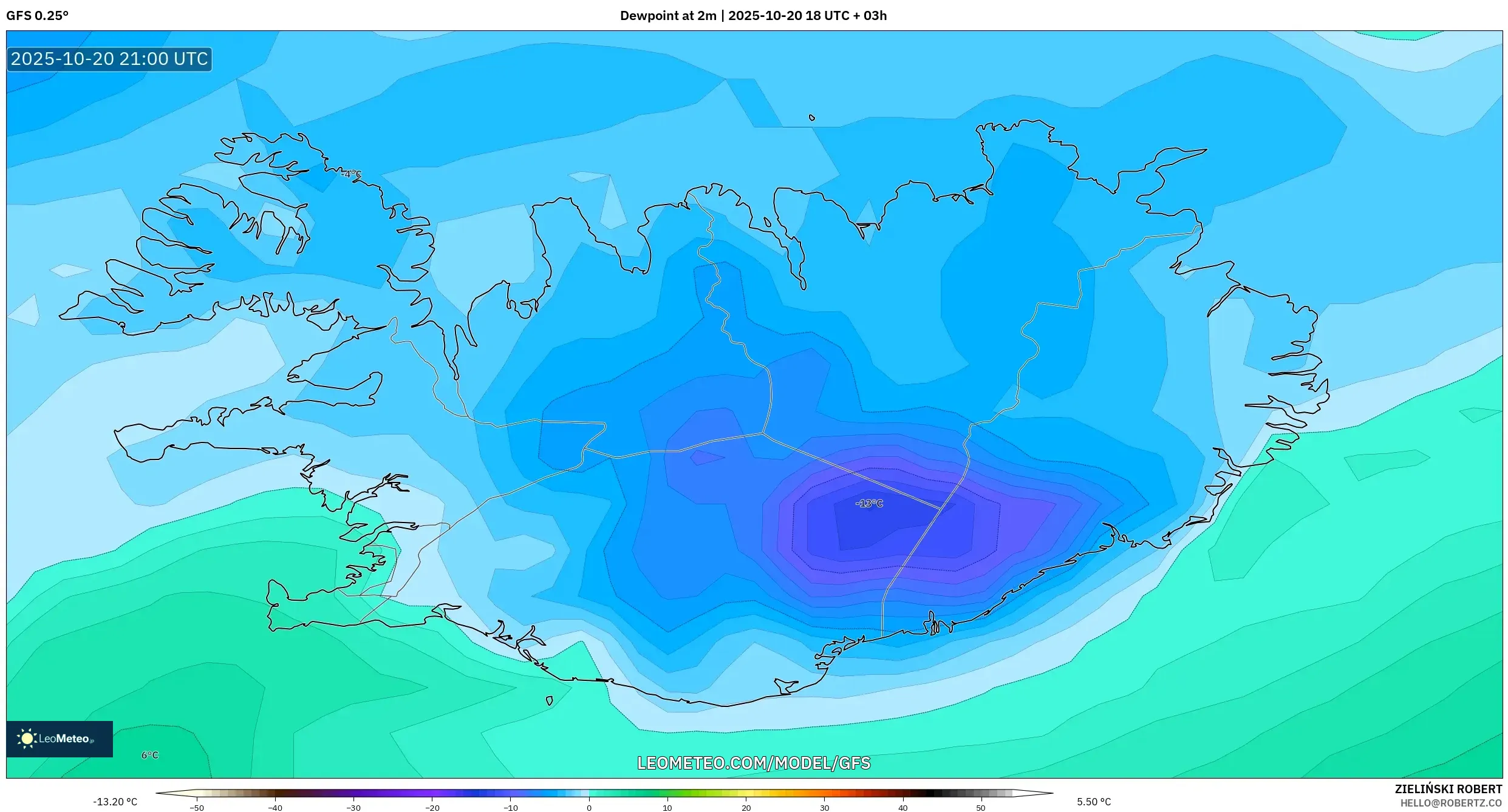 GFS model - Iceland, Dewpoint at 2m GFS model - Iceland, Dewpoint at 2m