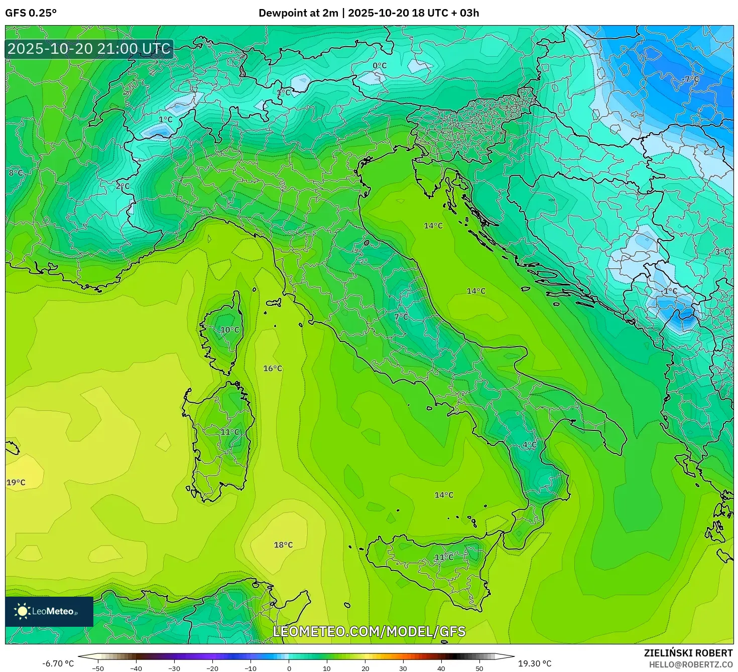 GFS model - Italy, Dewpoint at 2m