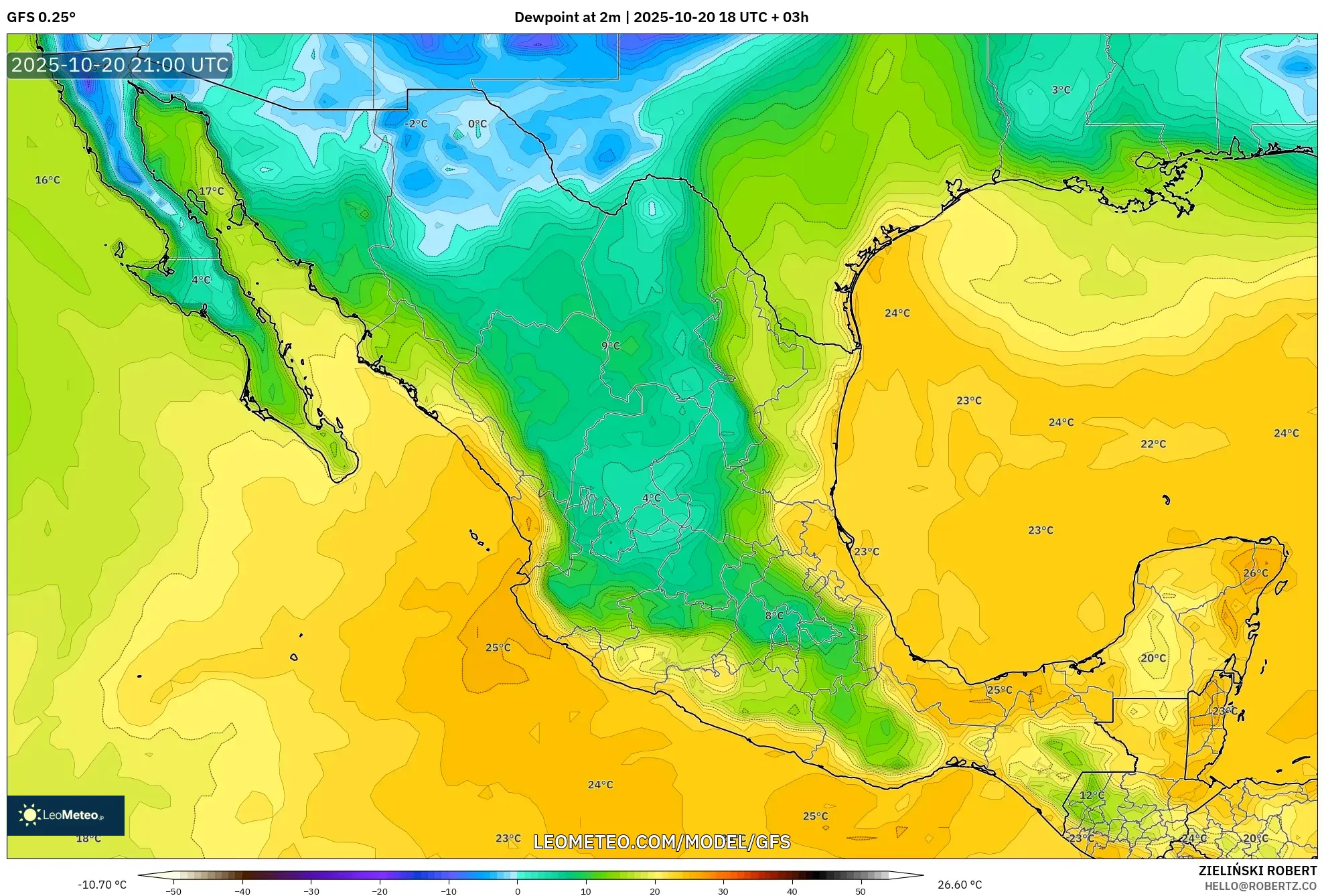 GFS model - Mexico, Dewpoint at 2m