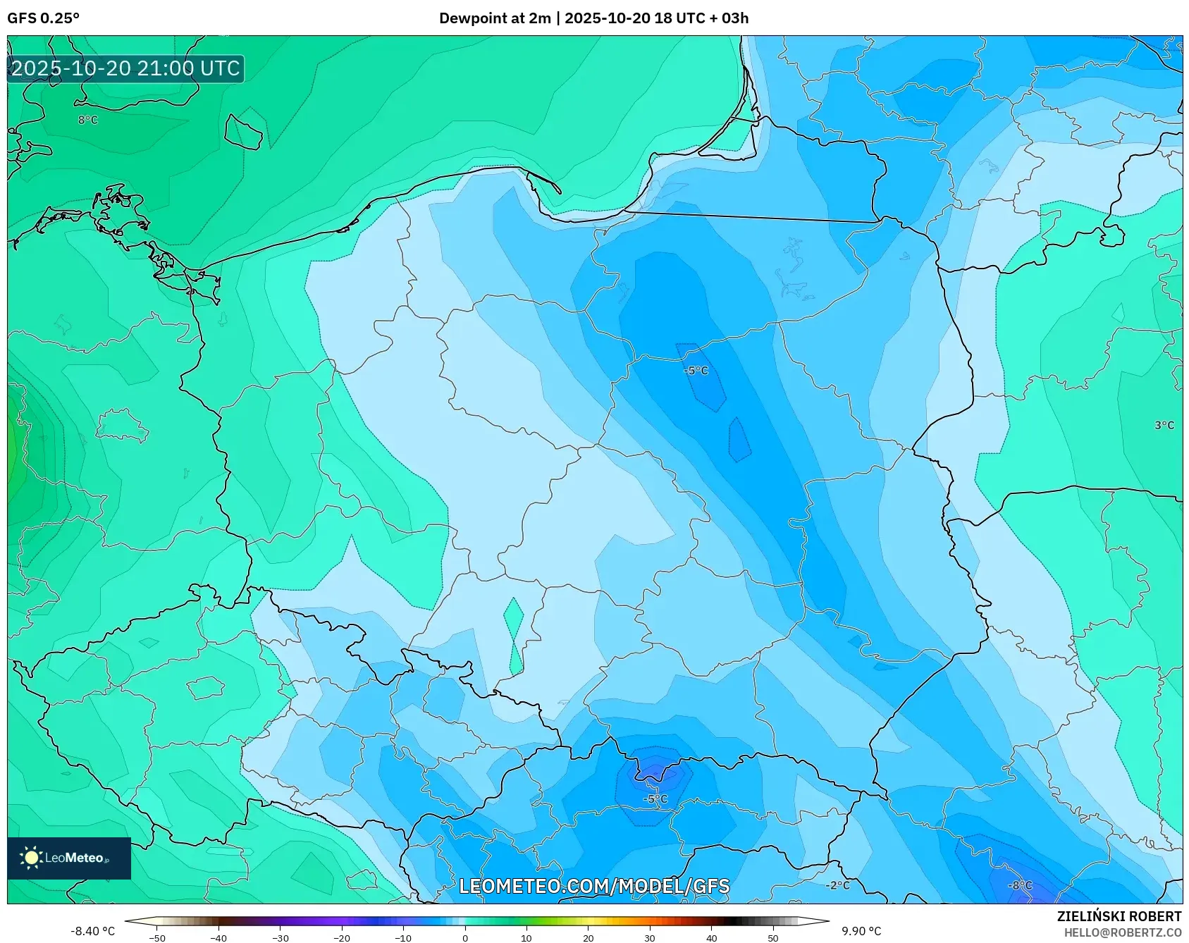 GFS model - Poland, Dewpoint at 2m GFS model - Poland, Dewpoint at 2m