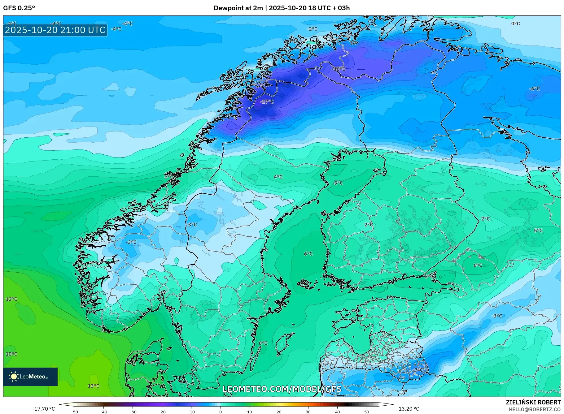 GFS model - Scandinavia, Dewpoint at 2m GFS model - Scandinavia, Dewpoint at 2m