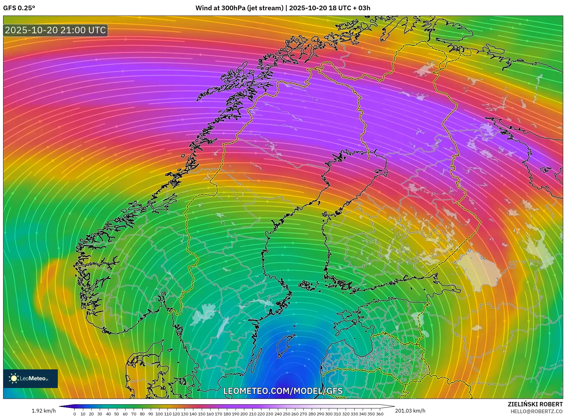 GFS model - Scandinavia, Wind at 300hPa (jet stream) GFS model - Scandinavia, Wind at 300hPa (jet stream)
