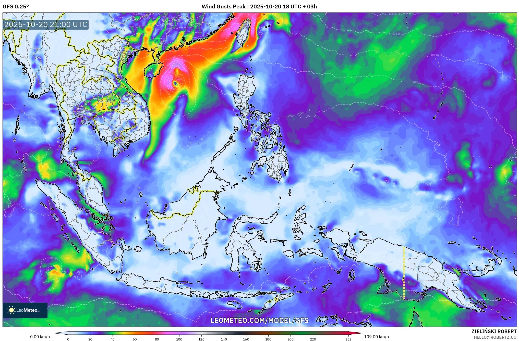 GFS model - South East Asia, Wind Gusts Peak GFS model - South East Asia, Wind Gusts Peak