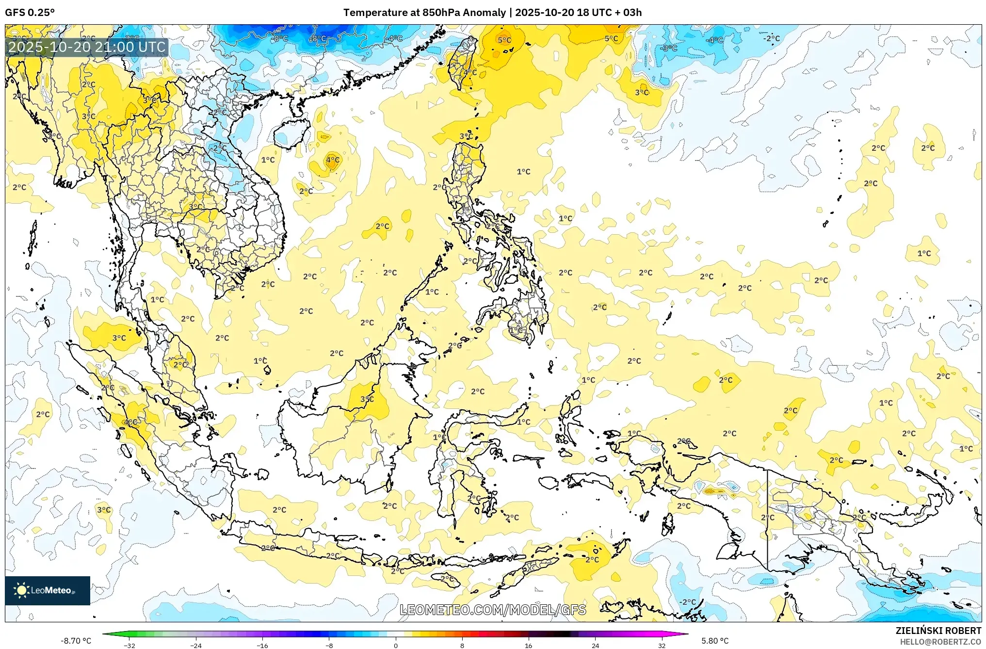 GFS model - South East Asia, Temperature at 850hPa Anomaly GFS model - South East Asia, Temperature at 850hPa Anomaly
