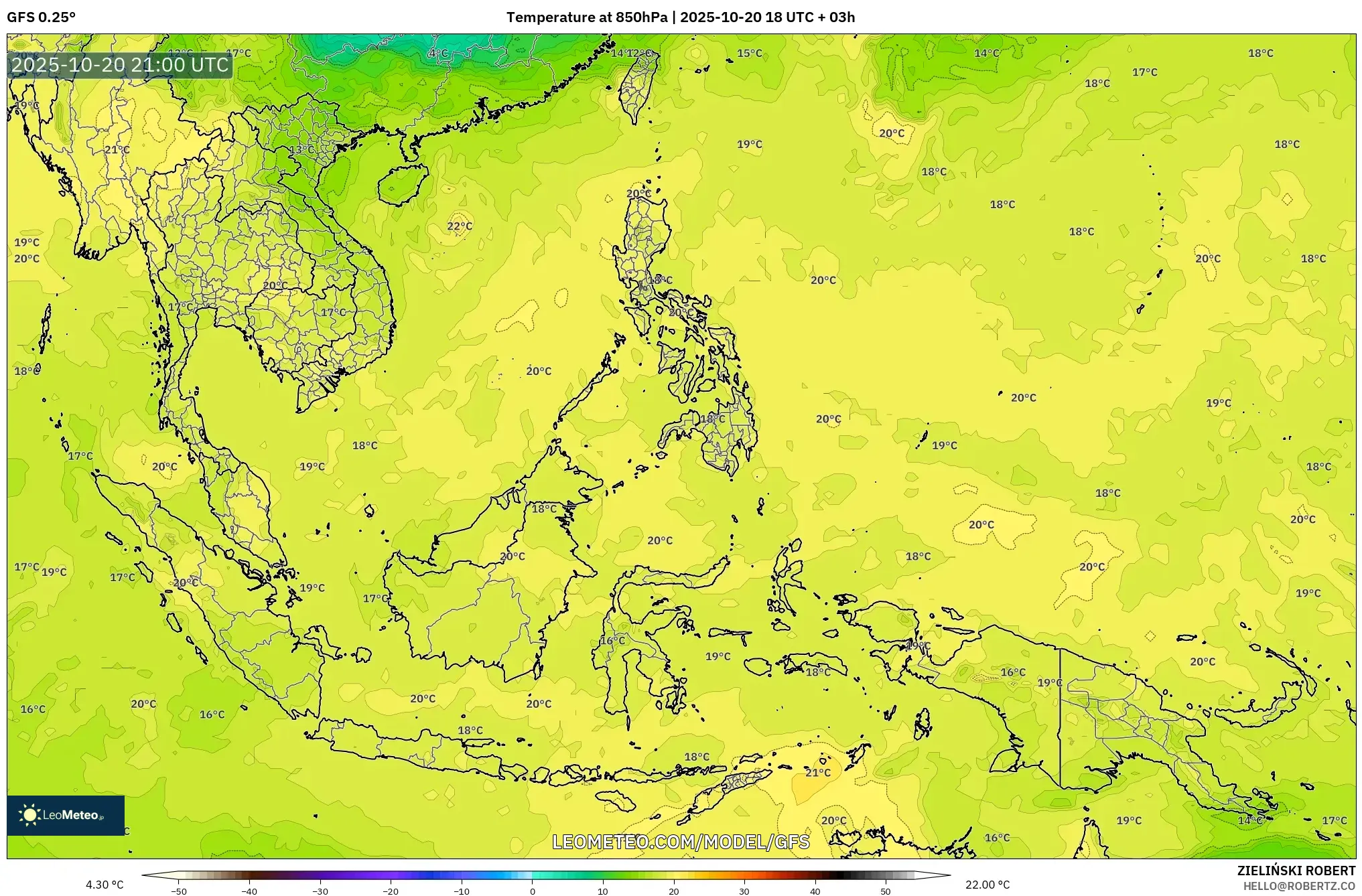 GFS model - South East Asia, Temperature at 850hPa