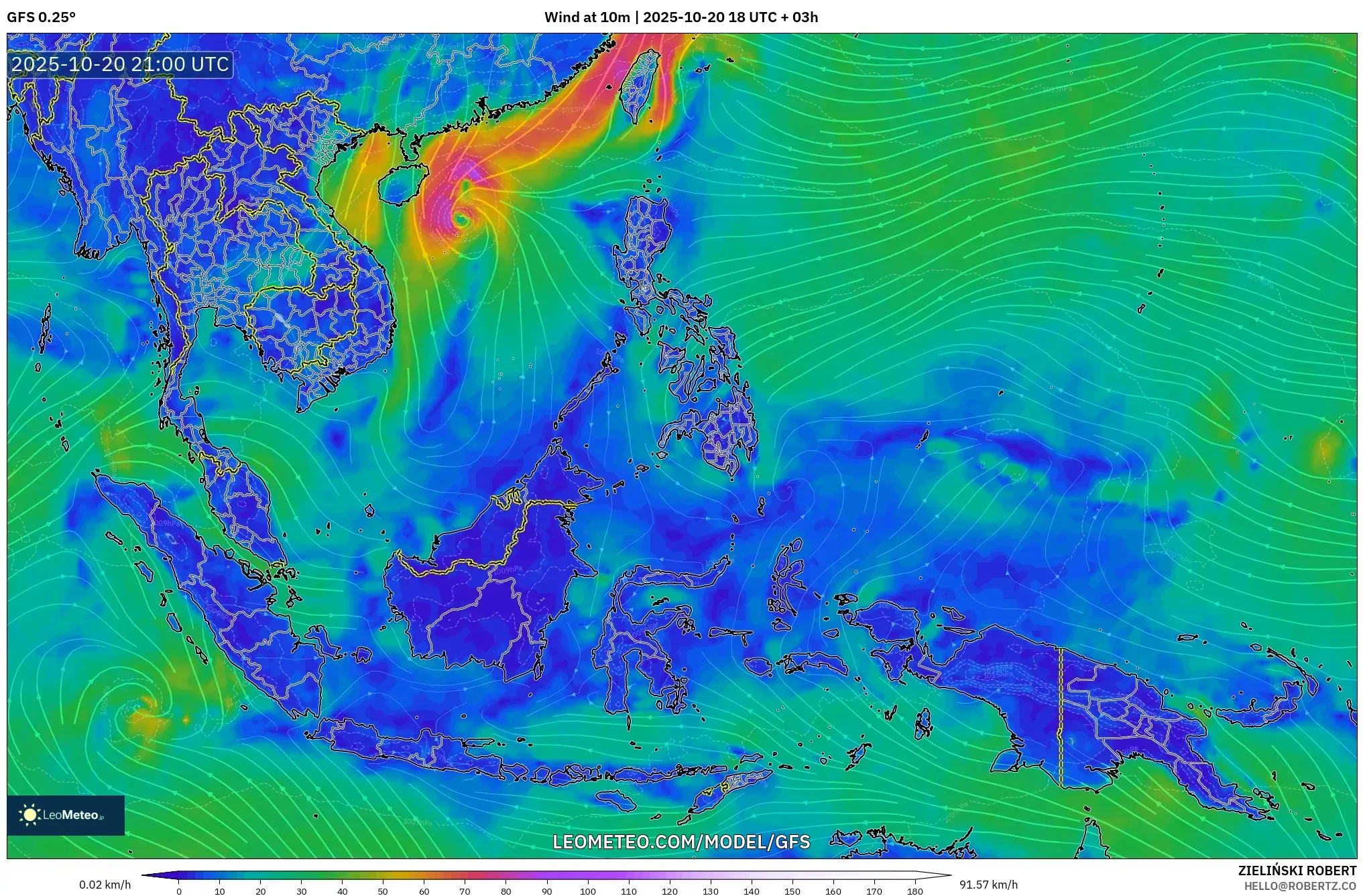 GFS model - South East Asia, Wind at 10m