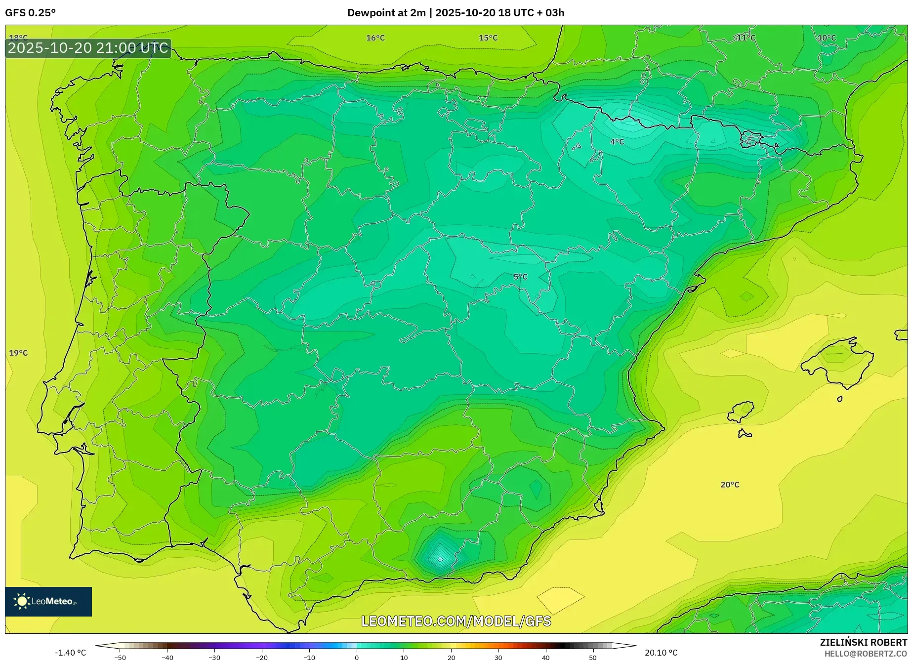 GFS model - Spain, Dewpoint at 2m GFS model - Spain, Dewpoint at 2m