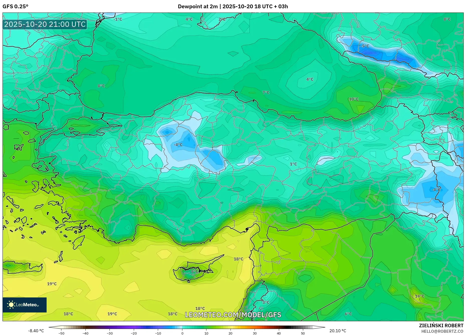 GFS model - Turkey, Dewpoint at 2m GFS model - Turkey, Dewpoint at 2m