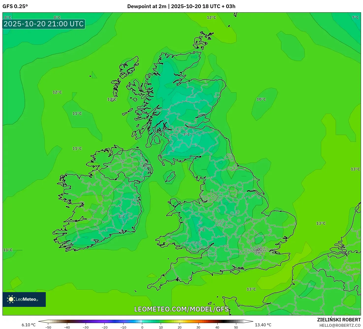 GFS model - United Kingdom, Dewpoint at 2m GFS model - United Kingdom, Dewpoint at 2m