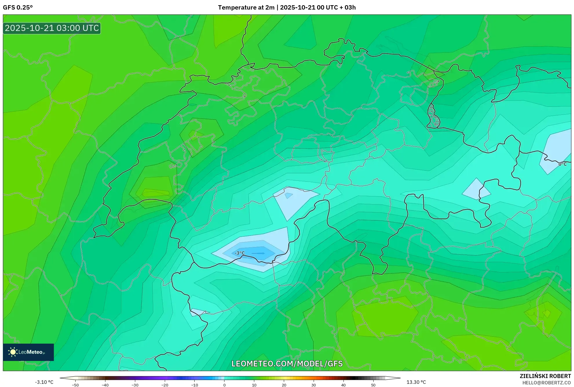 GFS model - Switzerland, Temperature at 2m GFS model - Switzerland, Temperature at 2m