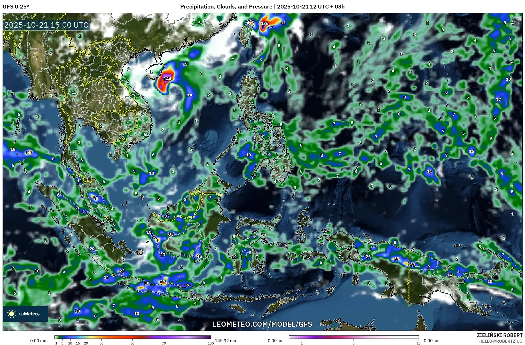 GFS model - South East Asia, Precipitation, Clouds, and Pressure GFS model - South East Asia, Precipitation, Clouds, and Pressure