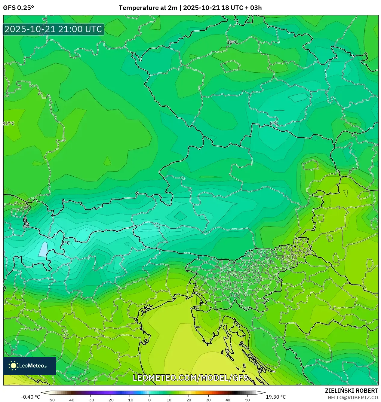 GFS model - Austria, Temperature at 2m GFS model - Austria, Temperature at 2m
