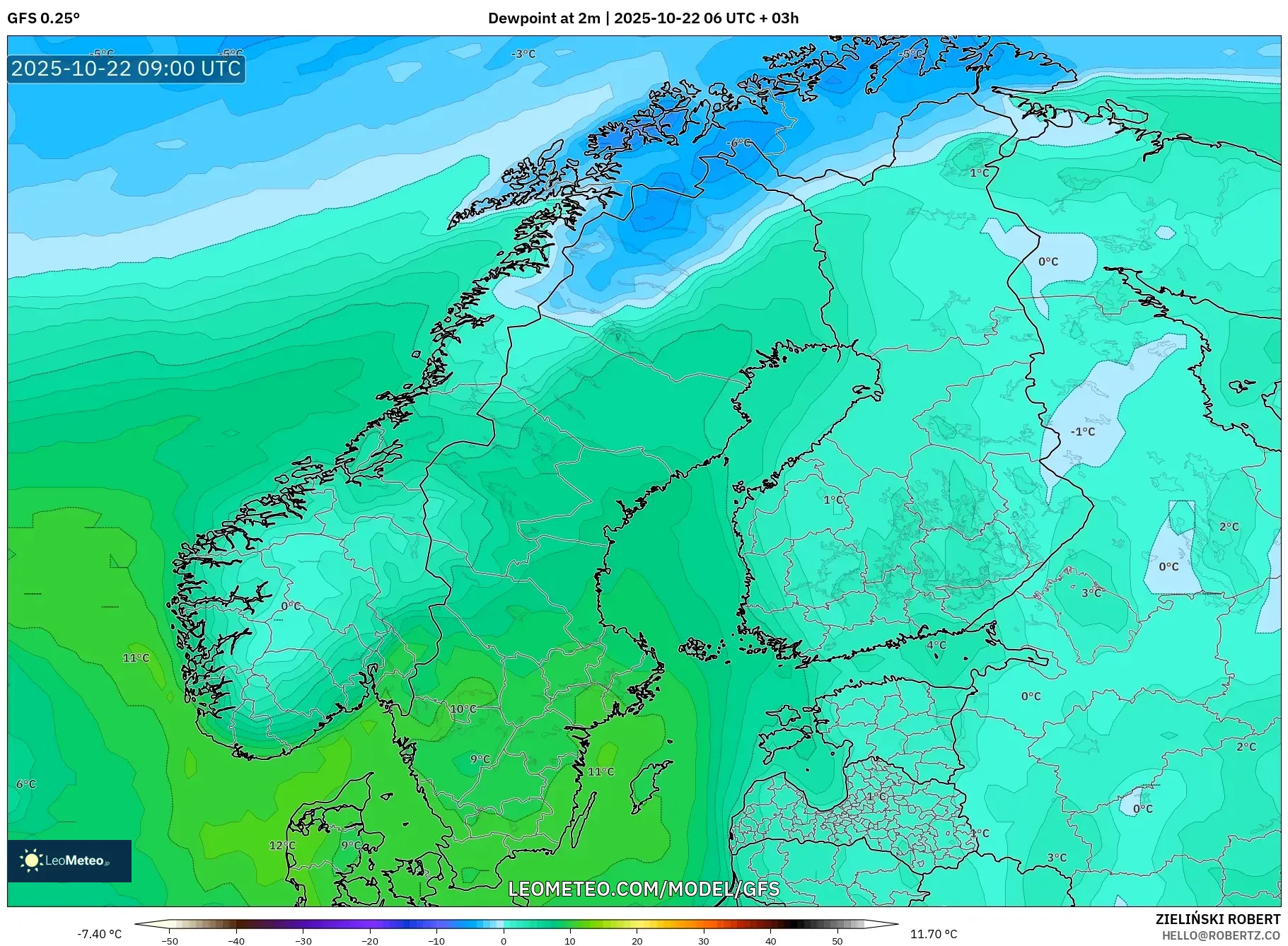 GFS model - Scandinavia, Dewpoint at 2m GFS model - Scandinavia, Dewpoint at 2m