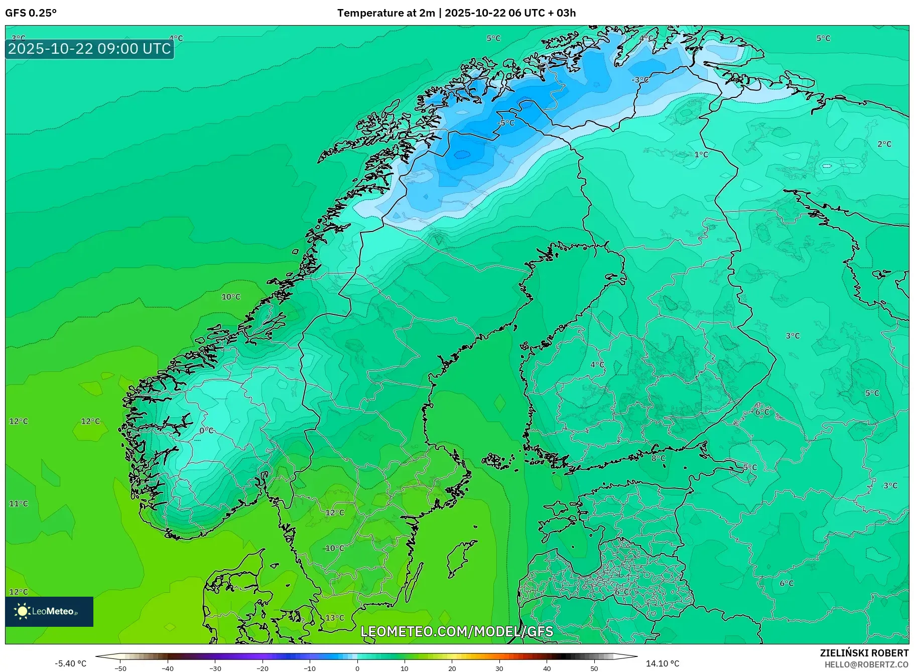 GFS model - Scandinavia, Temperature at 2m