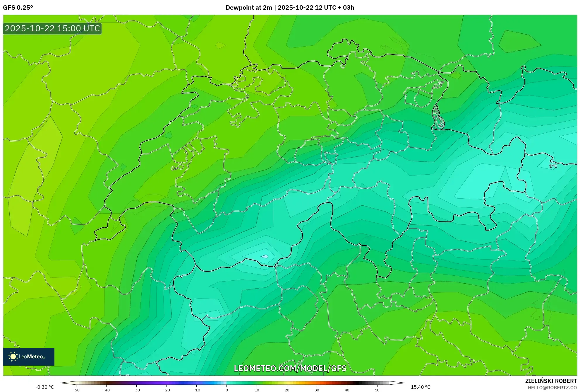 GFS model - Switzerland, Dewpoint at 2m GFS model - Switzerland, Dewpoint at 2m