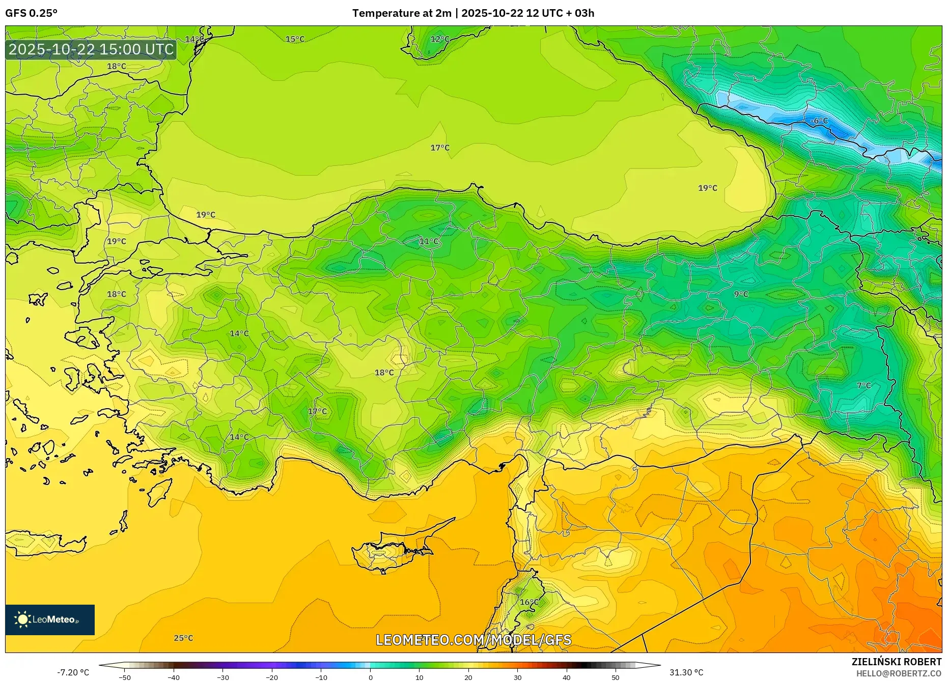 GFS model - Turkey, Temperature at 2m GFS model - Turkey, Temperature at 2m