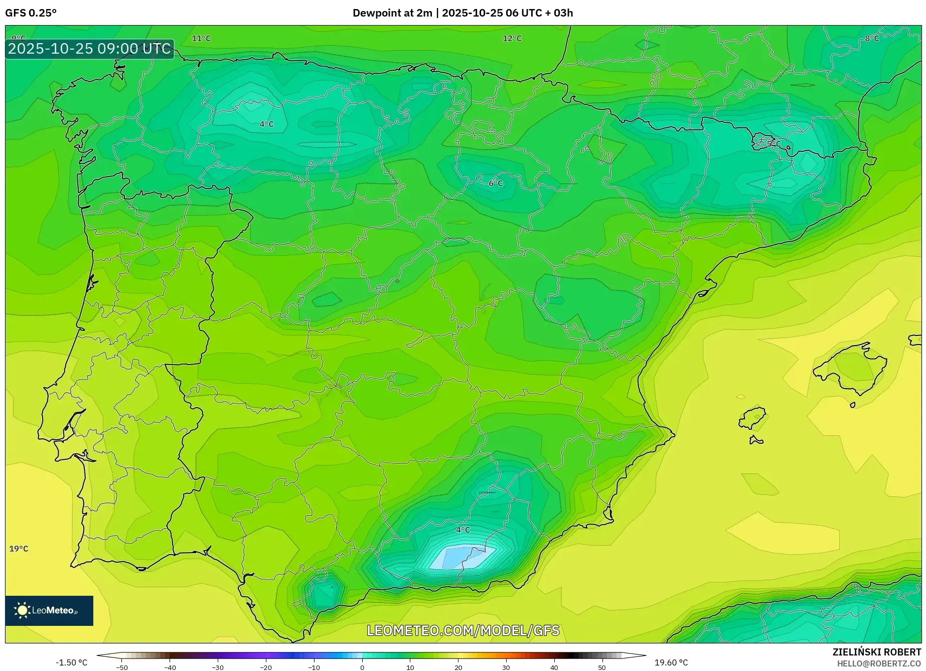 GFS model - Spain, Dewpoint at 2m GFS model - Spain, Dewpoint at 2m
