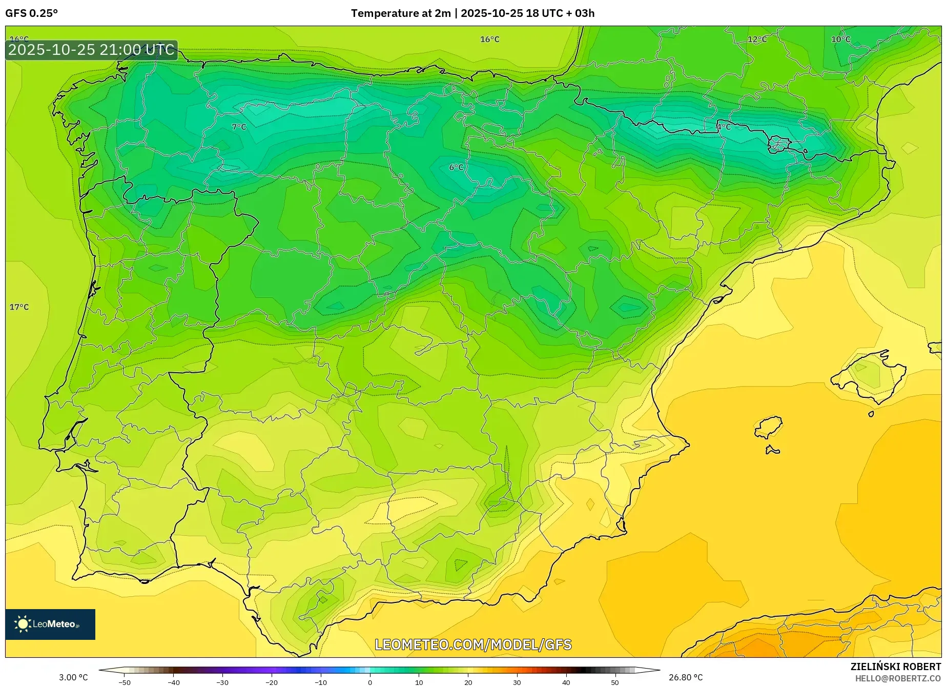 GFS model - Spain, Temperature at 2m
