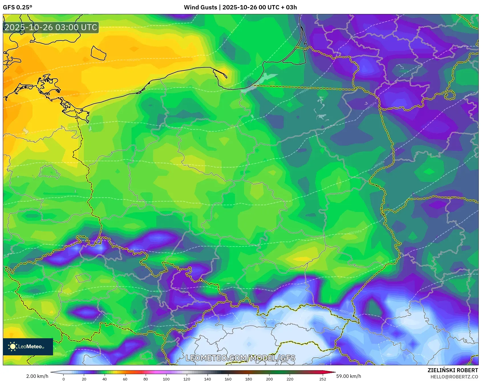 GFS model - Poland, Wind Gusts GFS model - Poland, Wind Gusts