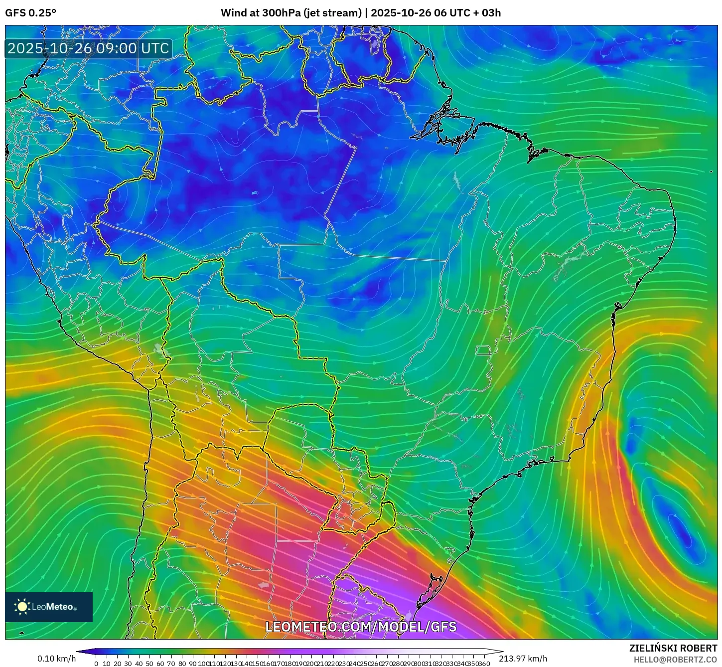 GFS model - Brazil, Wind at 300hPa (jet stream) GFS model - Brazil, Wind at 300hPa (jet stream)