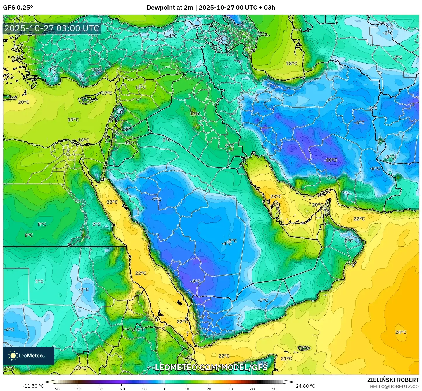 GFS model - Middle East, Dewpoint at 2m GFS model - Middle East, Dewpoint at 2m