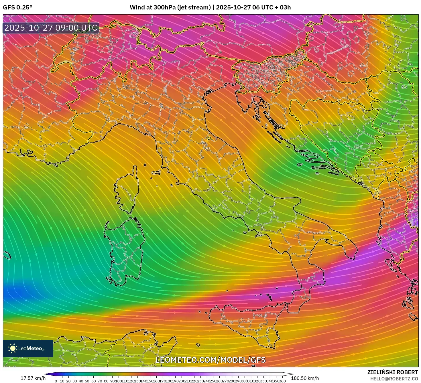 GFS model - Italy, Wind at 300hPa (jet stream) GFS model - Italy, Wind at 300hPa (jet stream)