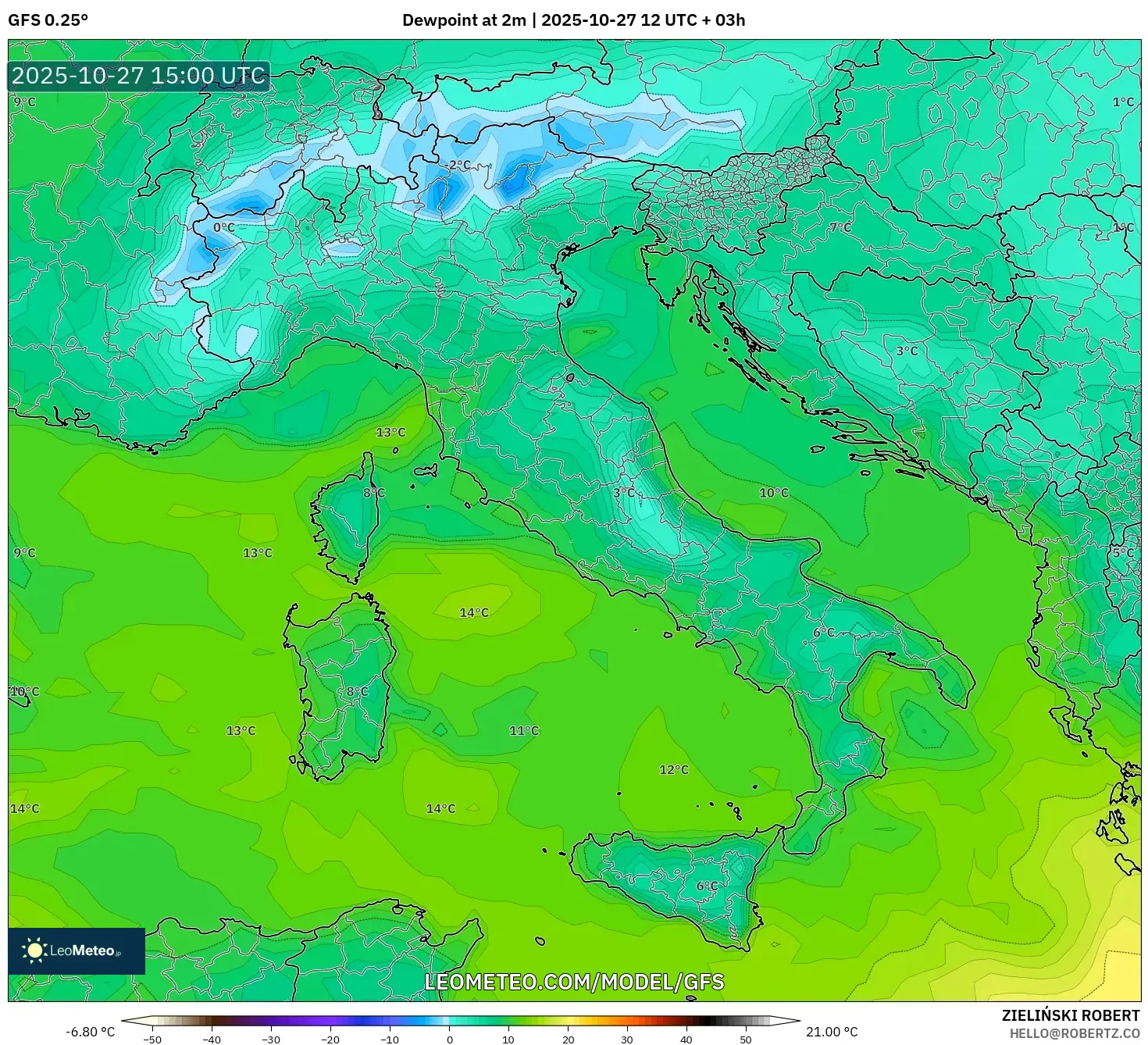 GFS model - Italy, Dewpoint at 2m GFS model - Italy, Dewpoint at 2m
