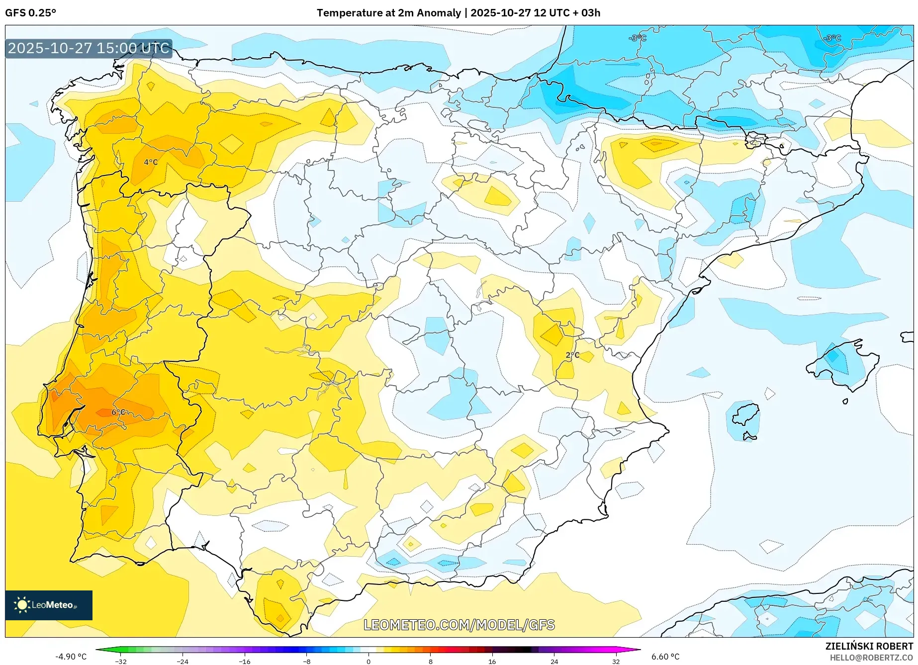 GFS model - Spain, Temperature at 2m Anomaly