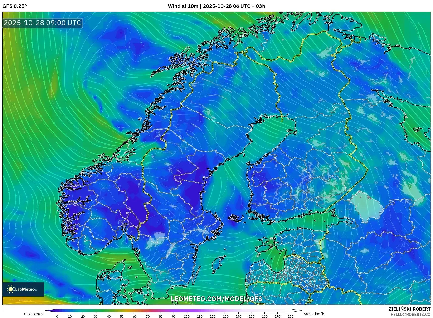 GFS model - Scandinavia, Wind at 10m GFS model - Scandinavia, Wind at 10m