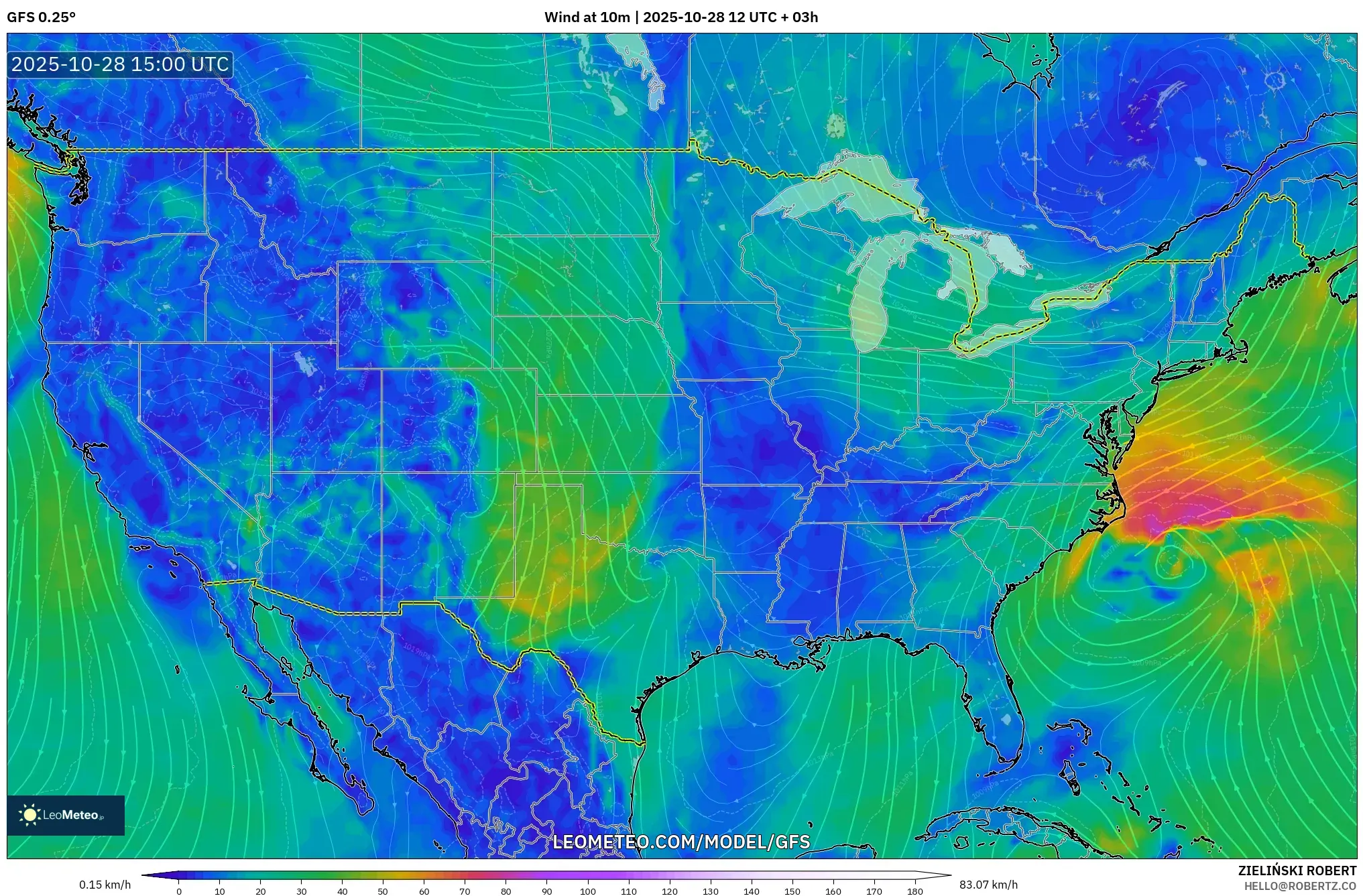 GFS model - United States, Wind at 10m GFS model - United States, Wind at 10m