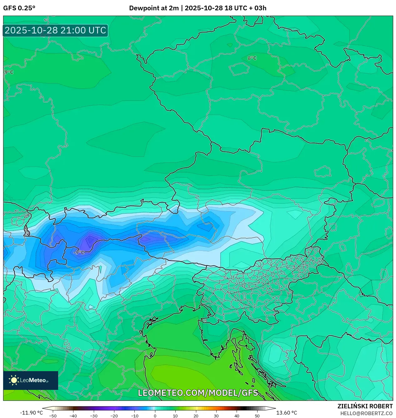 GFS model - Austria, Dewpoint at 2m GFS model - Austria, Dewpoint at 2m