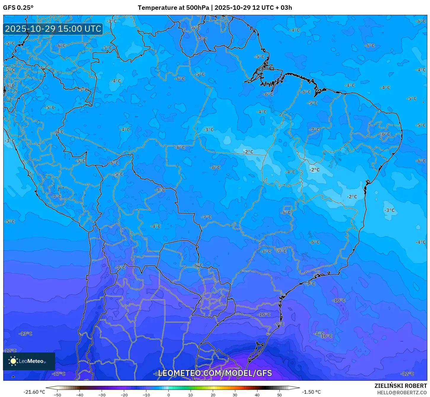 GFS model - Brazil, Temperature at 500hPa GFS model - Brazil, Temperature at 500hPa